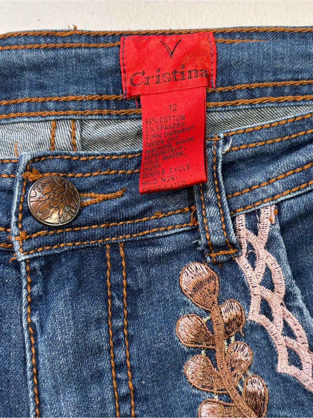 V Cristina 12 Floral Embroidered Distressed Skinny Jeans Boho Medium Wash GUC - Picture 7 of 8